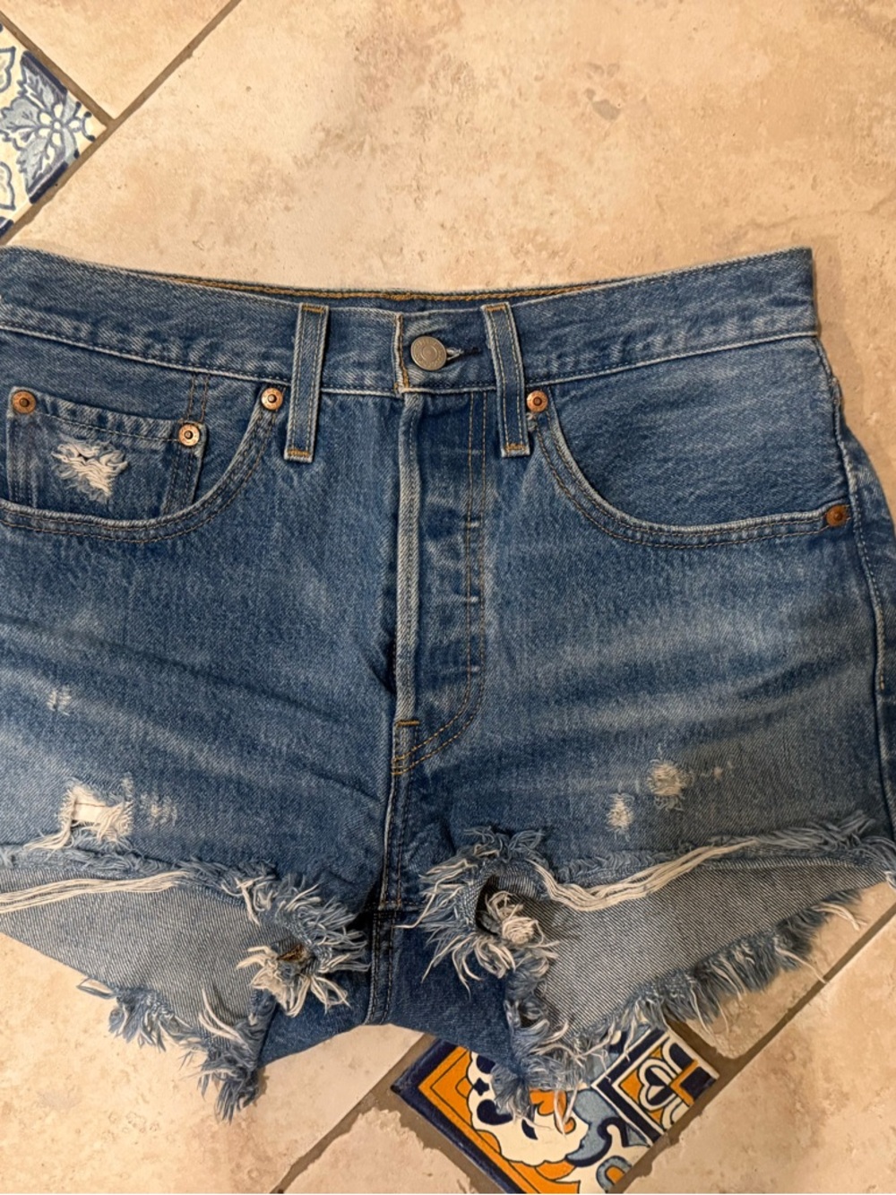 Levi's 501 Frayed Hem Distressed Denim Shorts - Blue